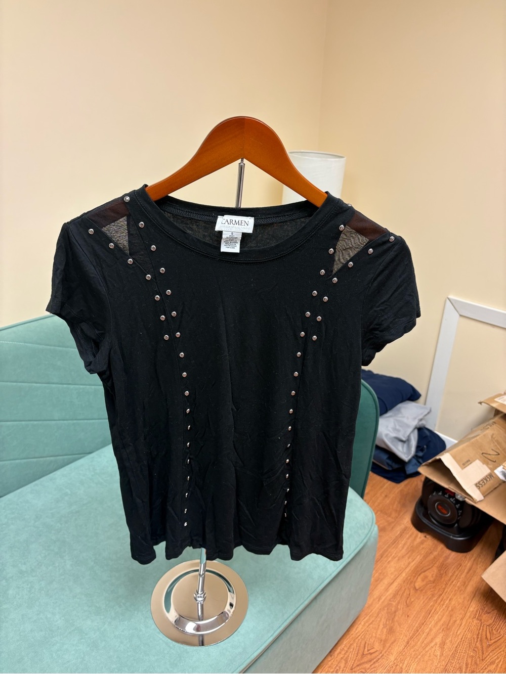 Carmen Marc Valvo Black Short Sleeve Stud & Mesh Top